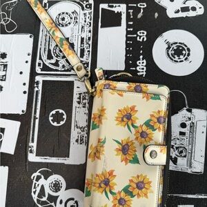 Sunflower Print Wallet with Wrist Strap